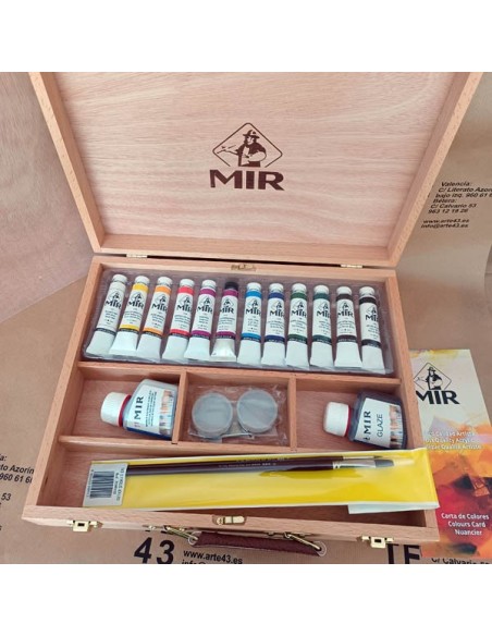 Maletín madera 12 acrílicos extrafinos 20ml. Mir