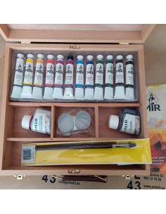 Maletín madera 12 acrílicos extrafinos 20ml. Mir 2