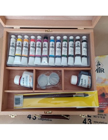 Maletín madera 12 acrílicos extrafinos 20ml. Mir