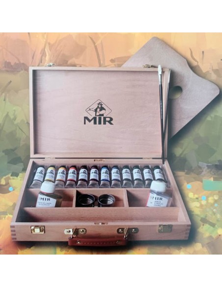 Maletín madera 12 acrílicos extrafinos 20ml. Mir
